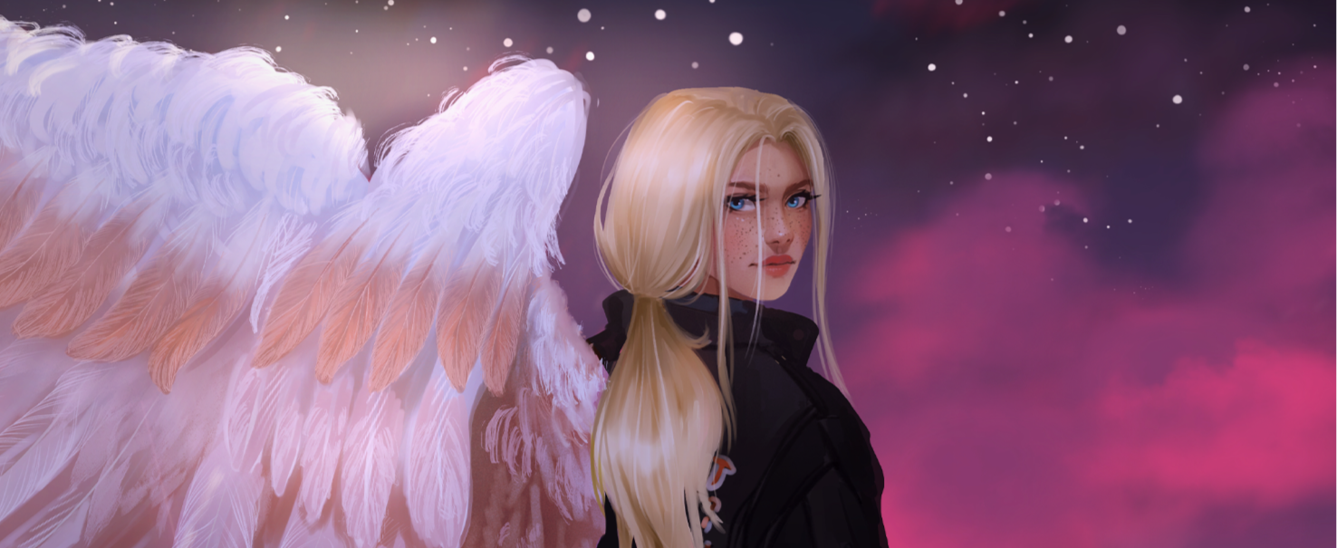 A young girl with freckles and long blonde hair looks over her shoulder. Large angel wings protrude from her leather jacket.